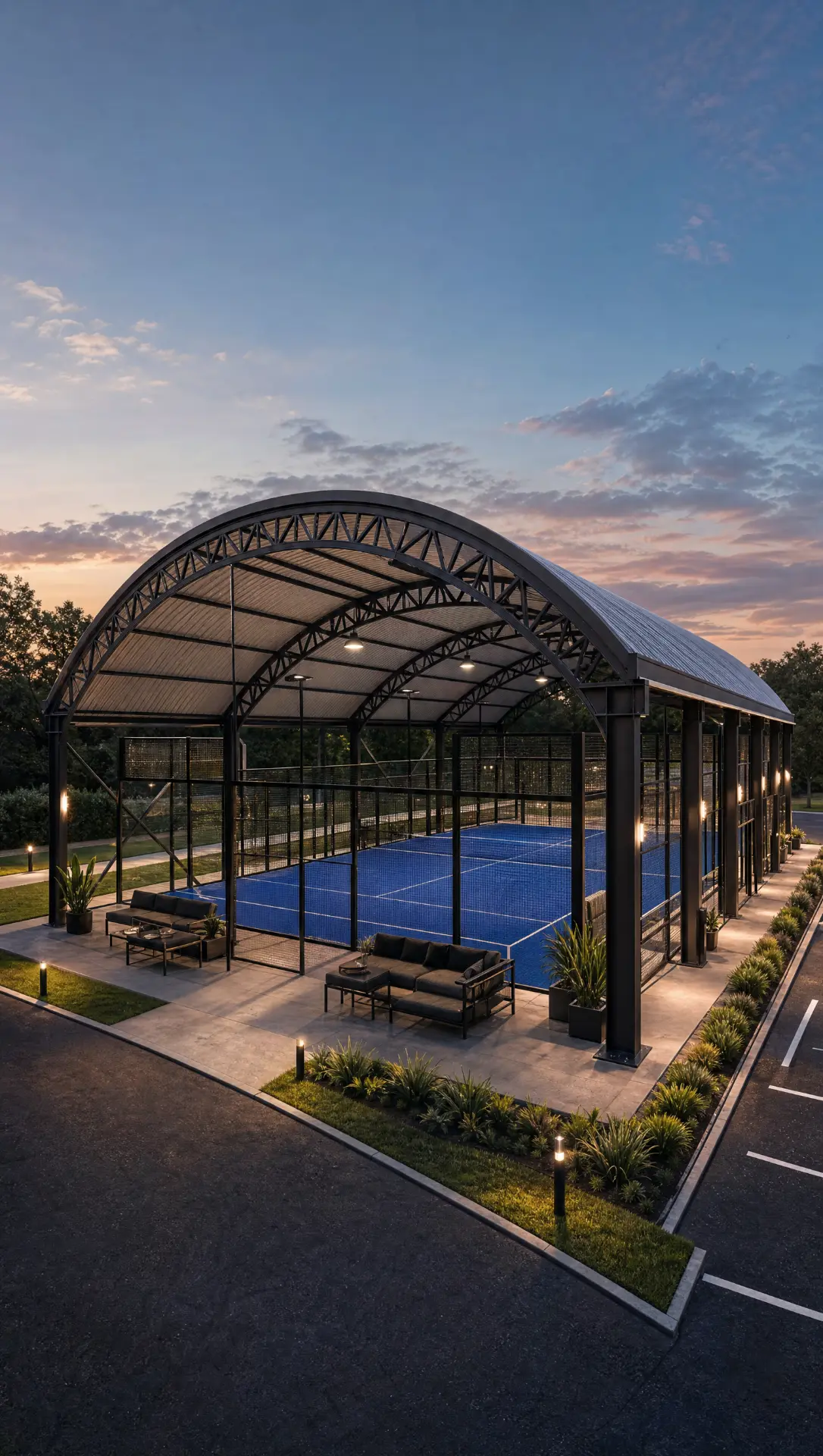 Covered padel court with an arched metal structure at dusk
